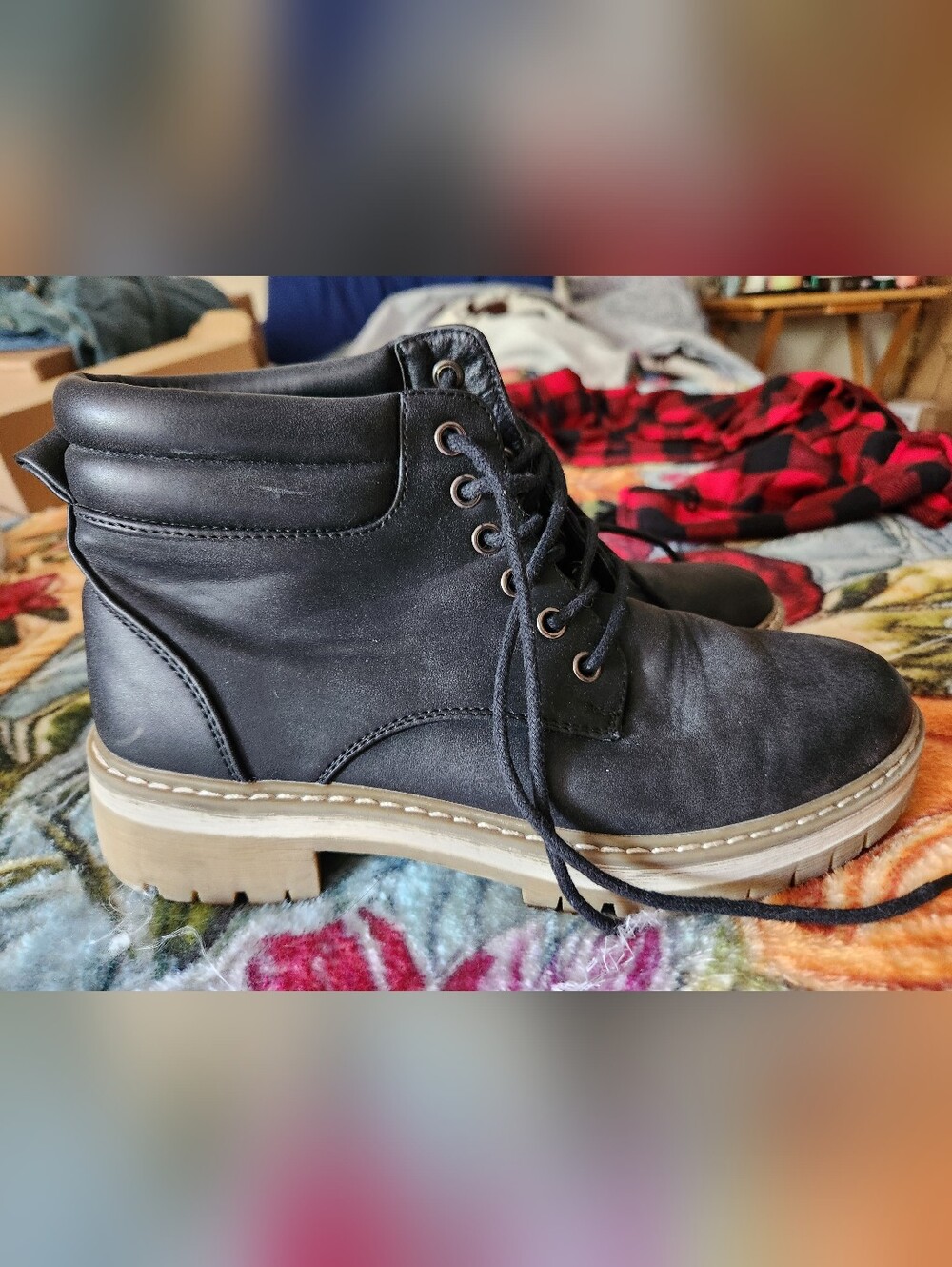 Barely Worn! Black Lace-Up Women’s Ankle Boots with Tan Sole - Picture 2 of 4
